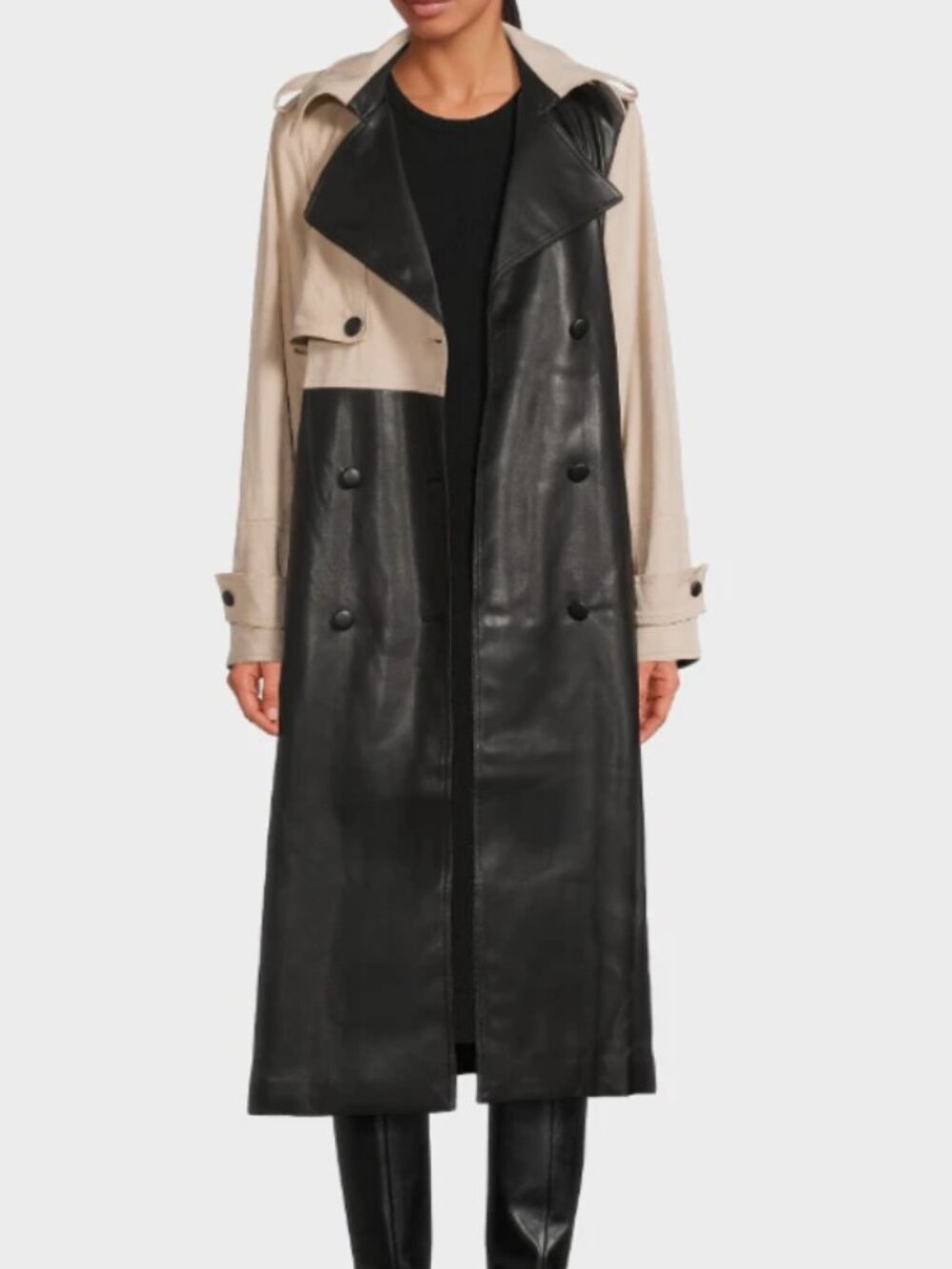 NWT Hutch Stasia Faux Leather Suede Trench Coat Colorblock Black Tan Size Small - Picture 3 of 14